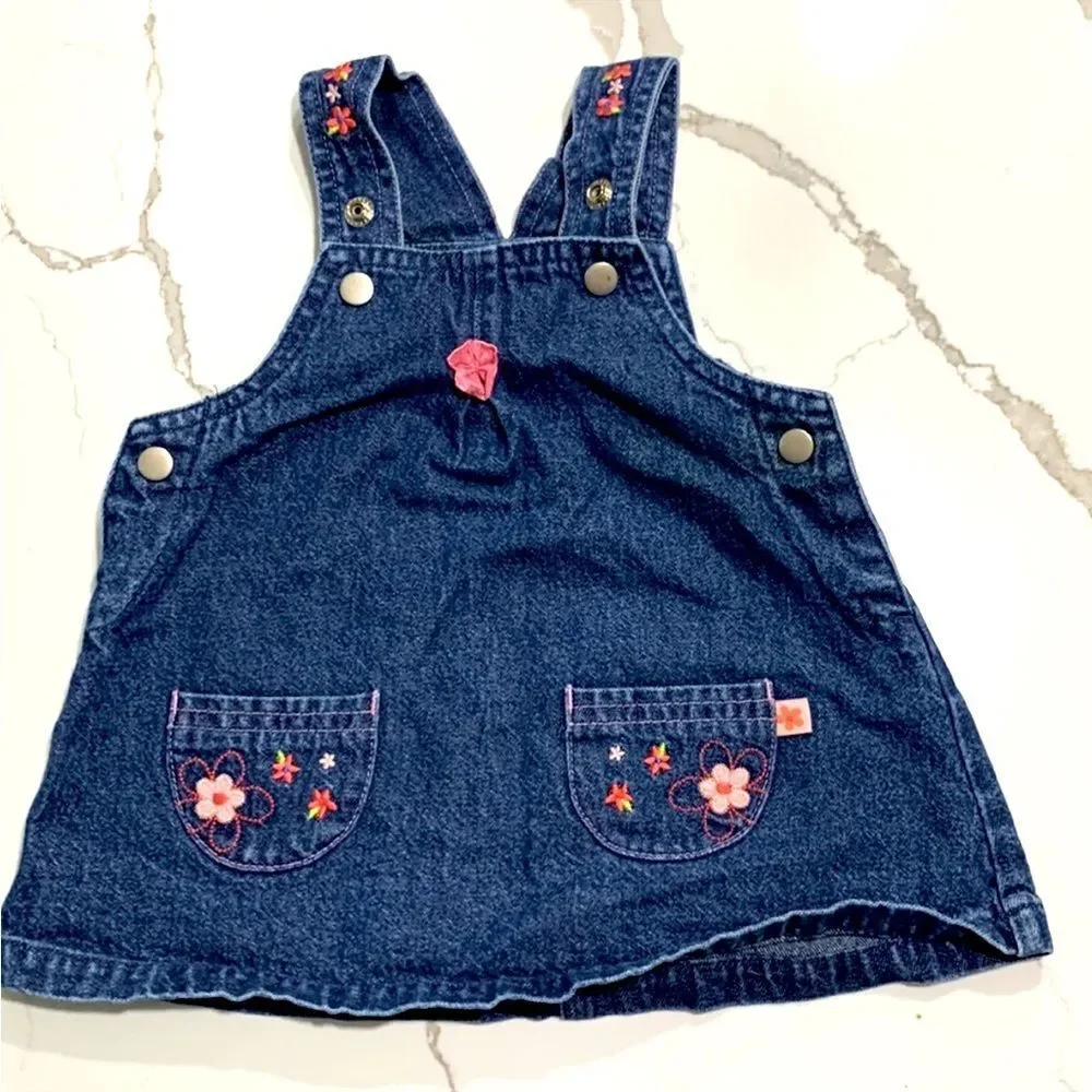 CARTER’S | Tykes Girls Denim Blue Jeans Dress Flowers Size 0-3M